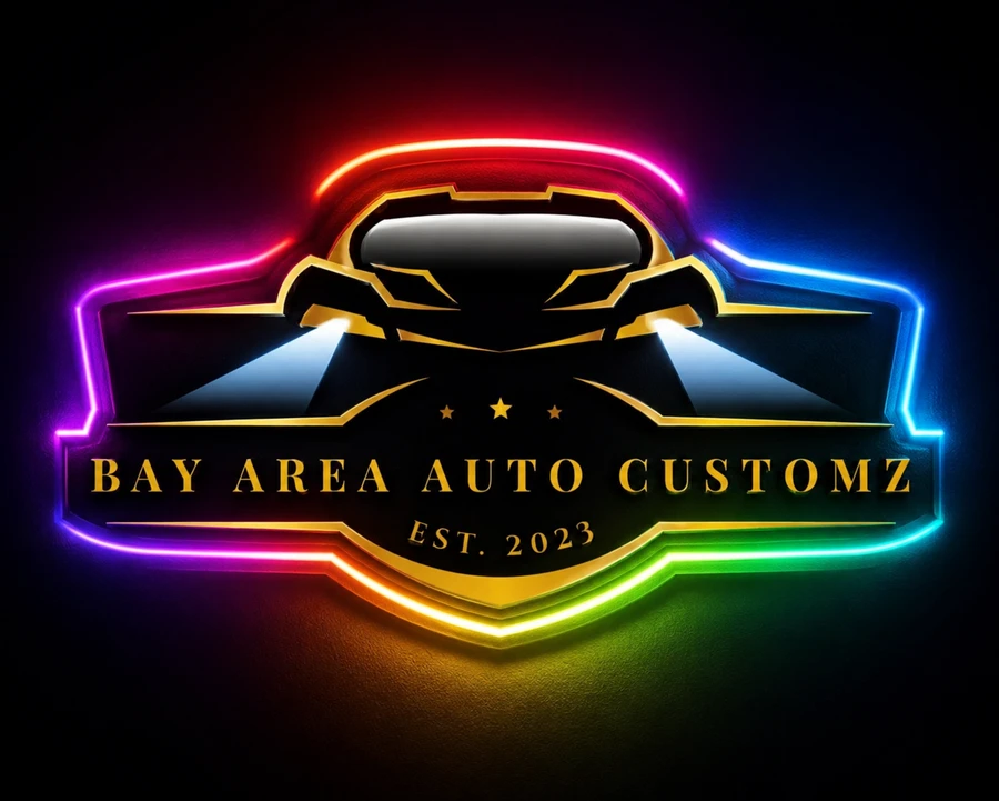 Bay Area Auto Customz RGB neon badge logo — a car emblem outlined in rainbow neon, est. 2023